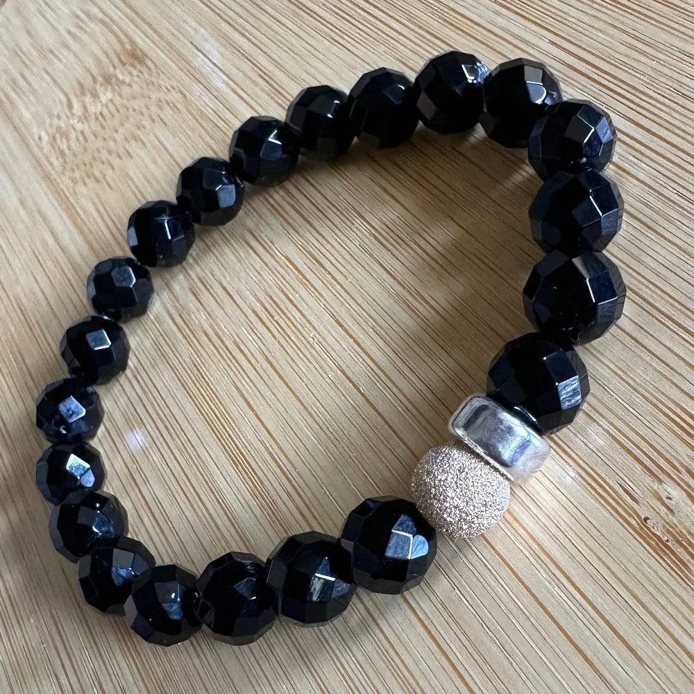 Polished Faceted 8mm Onyx Stretch Bracelet w/ 14k Gold Filled & Sterling Silver